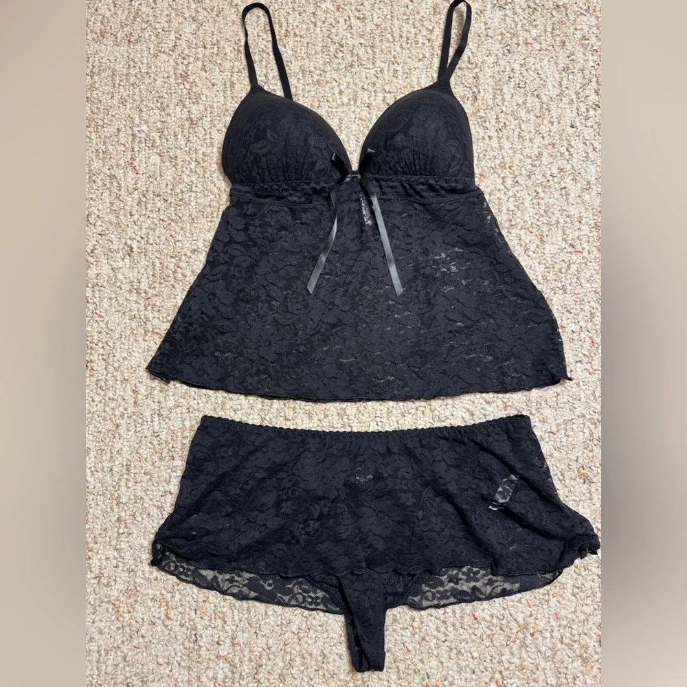 NWT Lingerie Set Lilac+London Stretch Lace Cami And Skirted Panty Black Size L